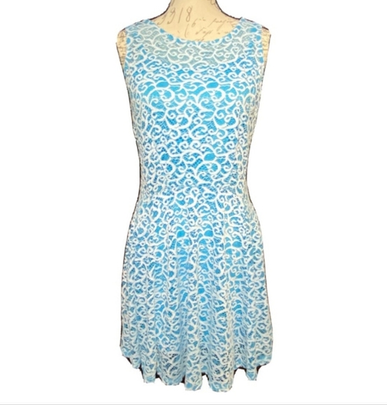 Bebop Turquoise White lace overlay Drop Waist Fit Flare Dress Small - Picture 1 of 9